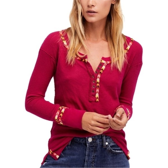 Free People Rainbow Embroidered Thermal Henley Shirt - Picture 1 of 16